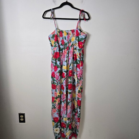 Old Navy Size L Tie-Shoulder Cropped Linen Blend Smocked Wide Floral Jumpsuit - Picture 5 of 11